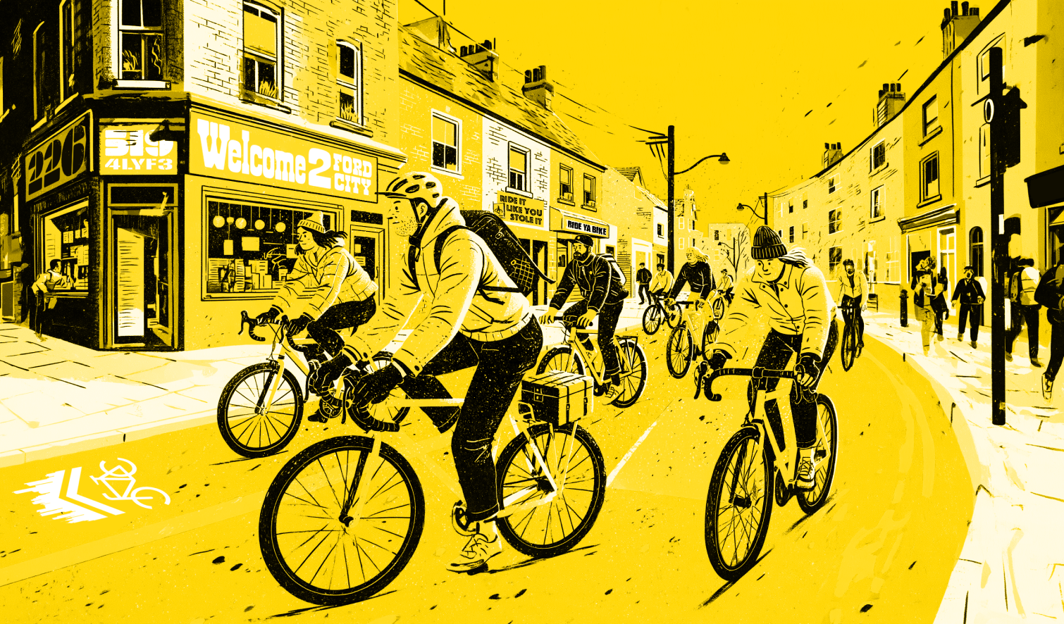 Cyclists riding through a city street